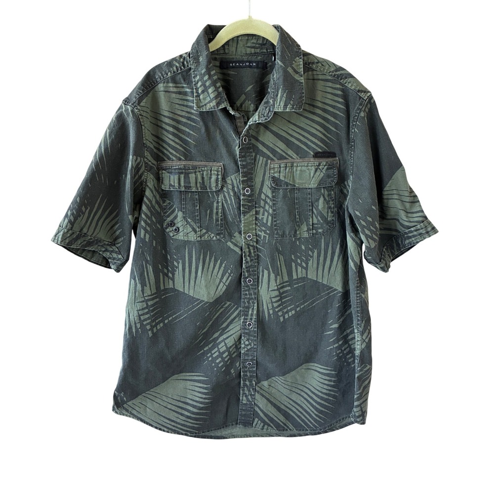 Sean John Button Up Shirt Mens Large Green Excellent Tropical Palm Leaf Utility
